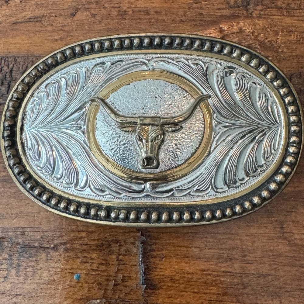 Western Longhorn Bull Belt Buckle Silver Gold Tone Floral Scroll‎ Oval Cowboy